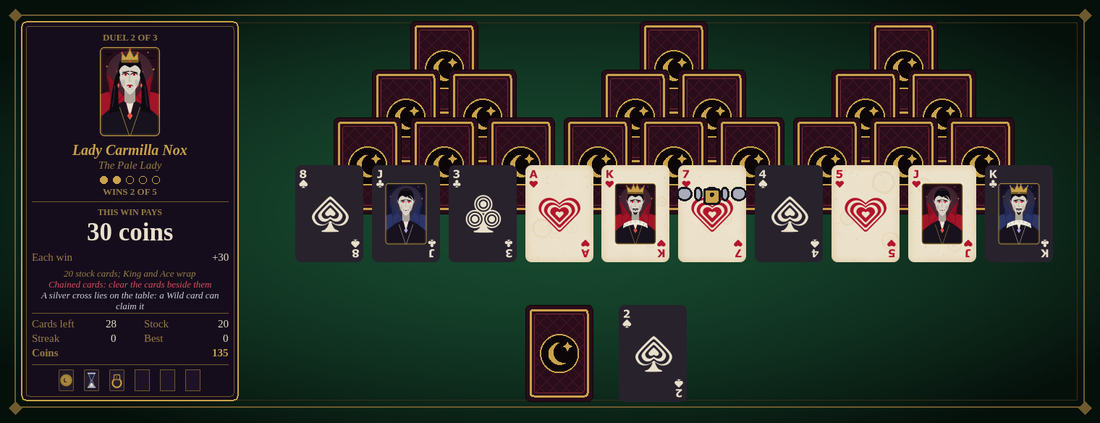 A Tiecards campaign hand against Lady Carmilla Nox: three peaks of cards, one of them held shut by a chain, and her portrait and rules in the side panel.