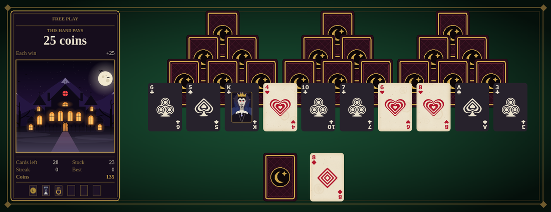 A Free Play hand of Tiecards, with the house on the hill in the side panel.