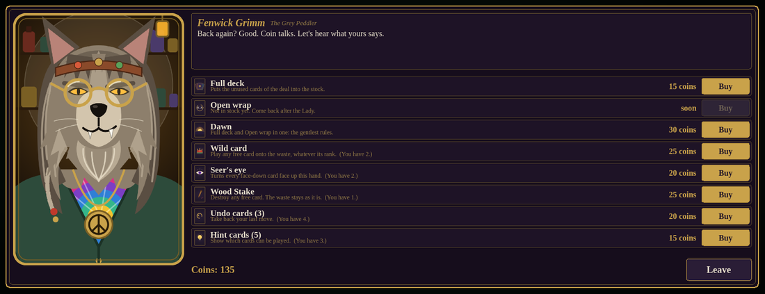 Fenwick Grimm's Store: a wolf shopkeeper with a peace medallion, and a list of special cards with their prices.