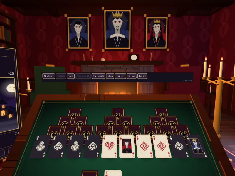 The parlour's fireplace with the portraits of the three vampires hanging above it, and the table in front.