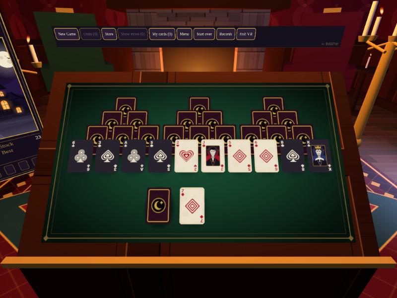 The Tiecards table in VR: a green felt board with the three peaks of cards, on a wooden slope-top table in a gothic parlour, with candelabras and a fireplace behind.