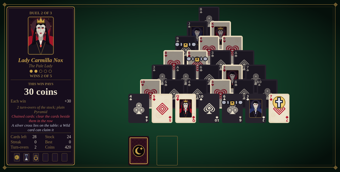 A Tiepair campaign hand against Lady Carmilla Nox: a pyramid of cards seven rows high, three cards held by chains, a silver cross on the table, and her portrait and rules in the side panel.