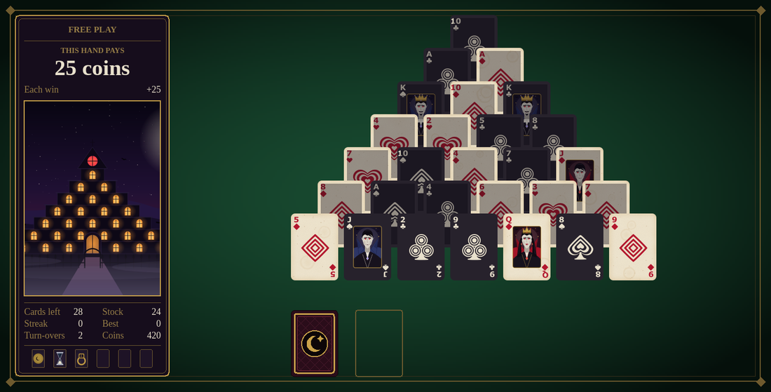 A Free Play hand of Tiepair: a pyramid of cards, the house on the hill in the side panel, and the stock below.