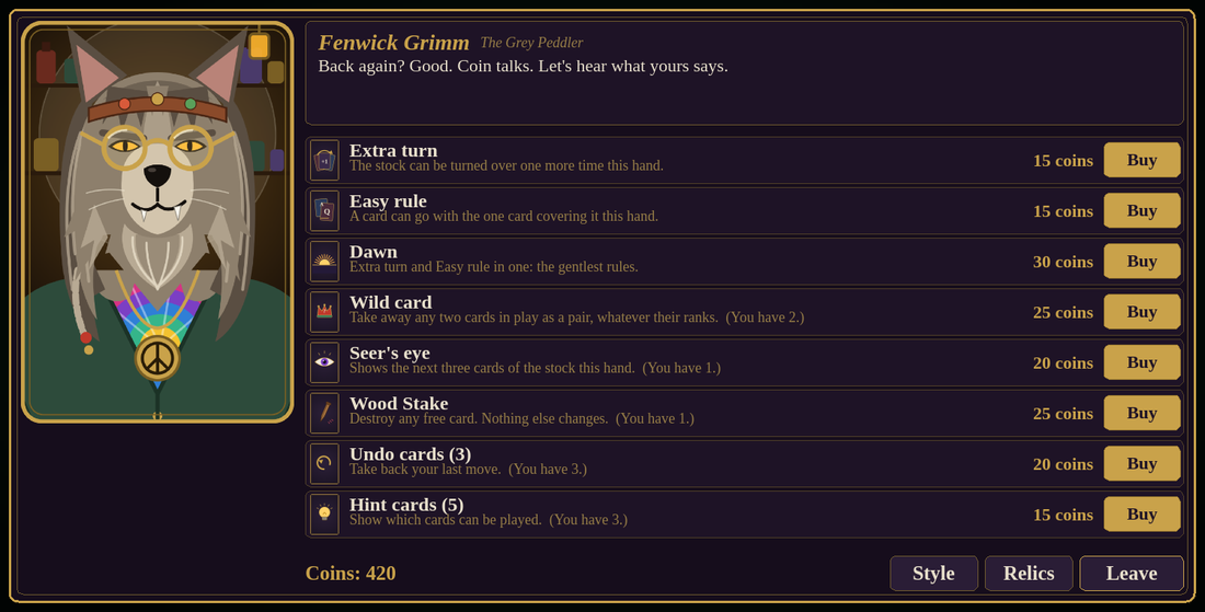 Fenwick Grimm's Store: a wolf shopkeeper with a peace medallion, and a list of special cards with their prices in coins.