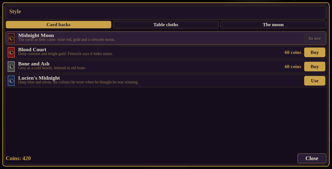 The Style screen: card backs called Midnight Moon, Blood Court, Bone and Ash and Lucien's Midnight.