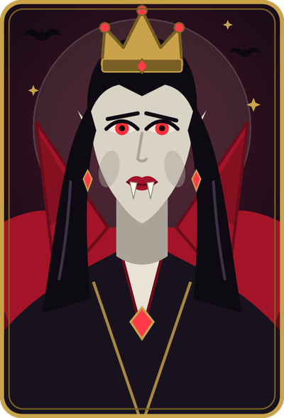 Lady Carmilla Nox, a vampire queen with long dark hair and a red collar.