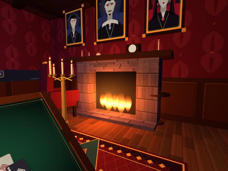 The parlour's fireplace with the portraits of the three vampires hanging above it.