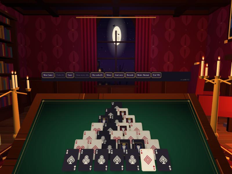 The pyramid on the table, and behind it a tall arched window with red velvet curtains showing the full moon over the house on the hill.