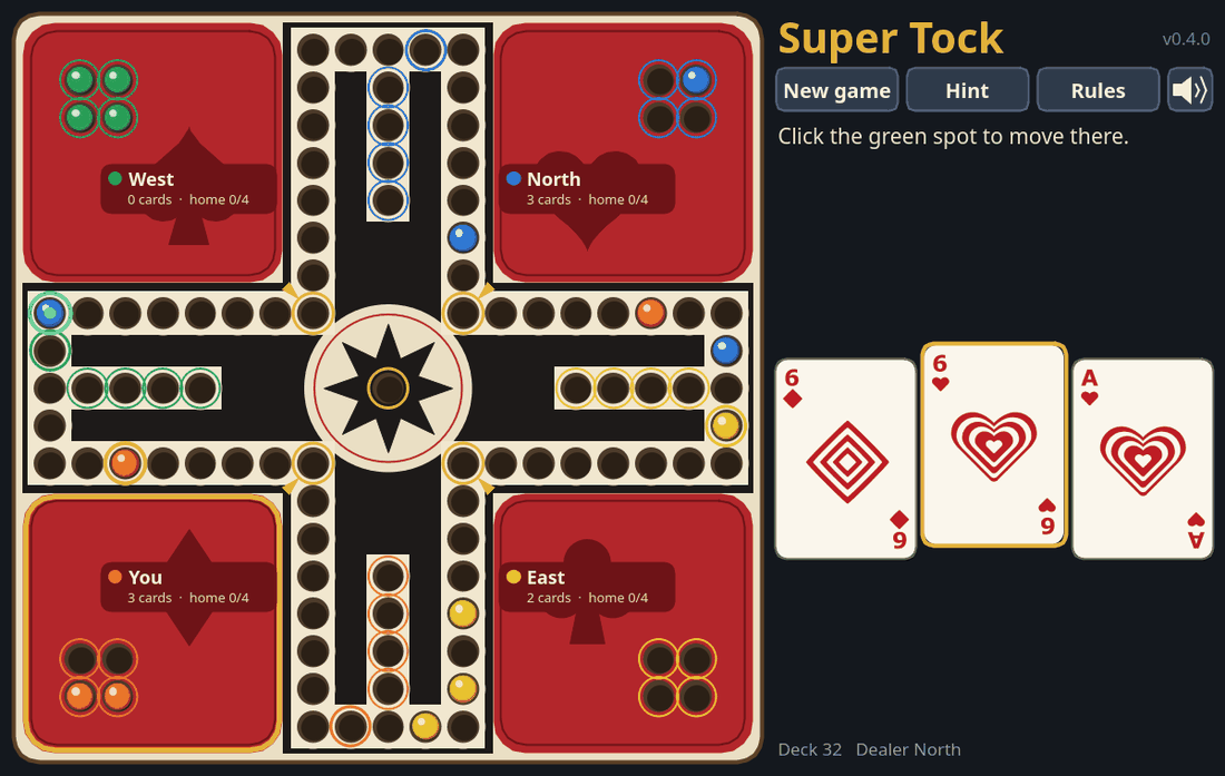 A Super Tock game in progress: a square board with four red corner areas, each holding four coloured marbles, a black cross of tracks, and a hand of three cards. The player's Six of Hearts is picked, and a green spot shows where the orange marble would land, on a blue marble it would send home.