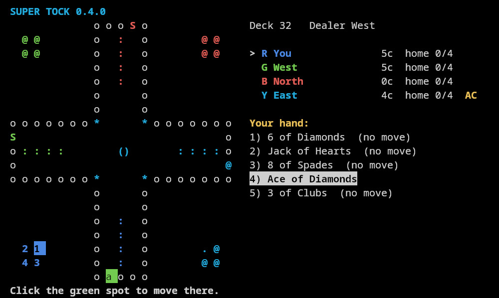 The Super Tock door in a terminal: the board drawn in text, with the player's marbles as numbers, and a list of the cards in hand beside it.