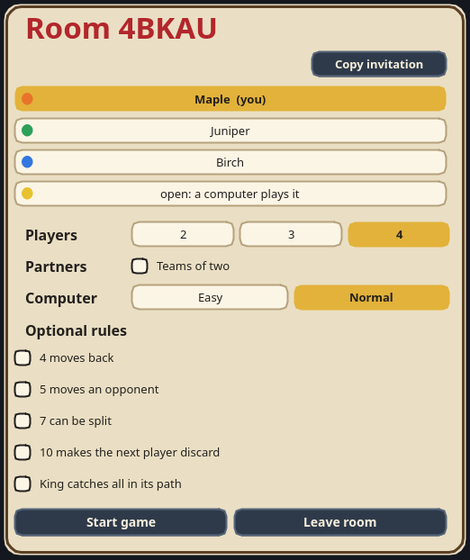 The lobby of room 4BKAU: Maple sits in the orange seat, Juniper and Birch have the green and blue seats, and the yellow seat is open for a computer. Below are the player count, teams, level and optional rules, and a Start game button.
