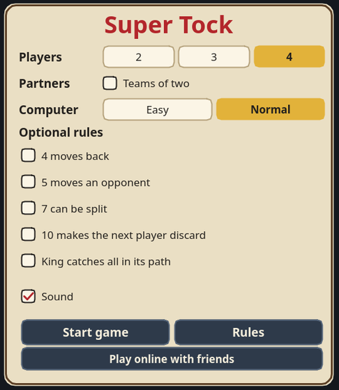 The new-game screen: choose 2, 3 or 4 players, teams of two, Easy or Normal computer players, five optional rules and a sound switch, then Start game, Rules or Play online with friends.