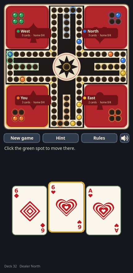 Super Tock on a phone: the board across the top, the buttons below it, and the hand of three cards at the bottom.